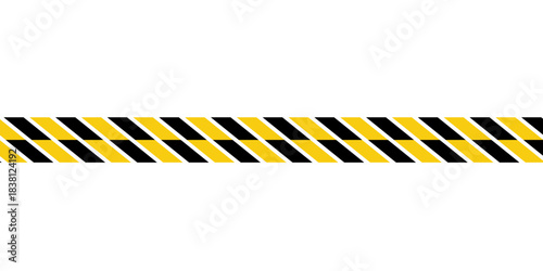 Warning tape with yellow and black diagonal stripes. Warn stop seamless line. Yellow and black caution tape border.