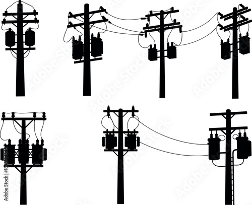 flavector silhouettes of utility poles with transformers and power lines for electrical infrastructure designWeb