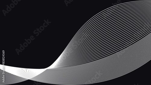 Elegant sweeping wave field created with smooth flowing linear curves and minimal geometric motion across a dark abstract background