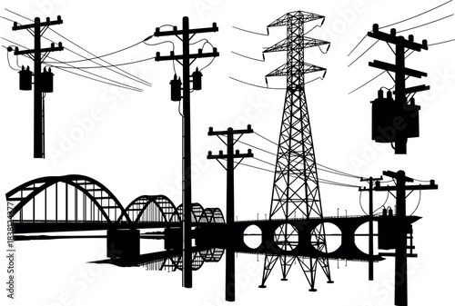 flavector silhouettes of utility poles, transmission towers, and bridges for urban infrastructure and power systems