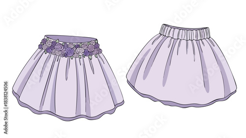 Whimsical Lilac Skirt Design with Floral Embellishments and Elastic Waistband for Fashion Illustration