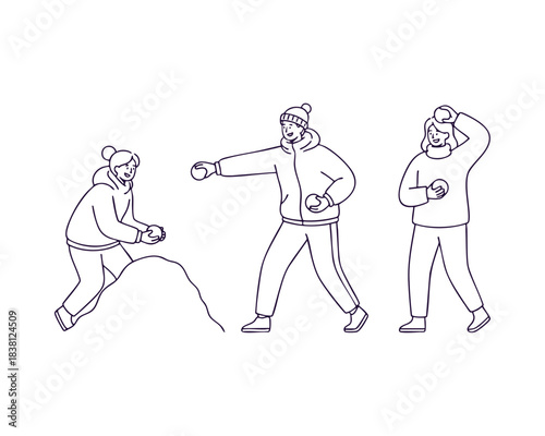People having a snowball fight black and white line art illustration