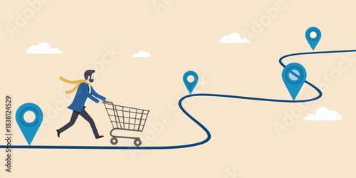 A person pushing a shopping cart along a winding road with location pins