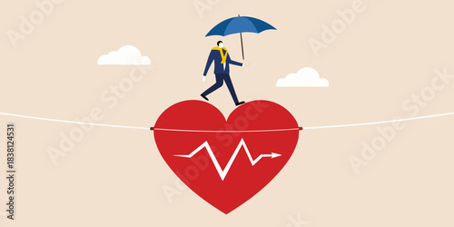 A businessman walking on a tightrope over a heart with an umbrella