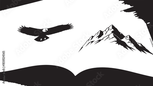 Silhouette of an eagle flying over mountains above an open book