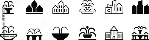 Diverse collection of fountain and building icons water park
