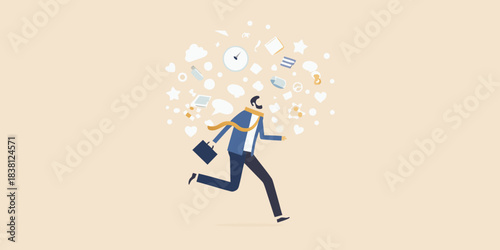 A businessman running with ideas exploding from his head conceptual illustration