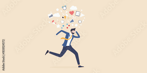 A businessman running with ideas and concepts floating above his head