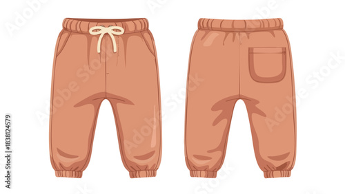 Cartoon-style illustration showcasing a pair of cozy, terracotta-colored kid's sweatpants with a drawstring and pocket details isolated on a white