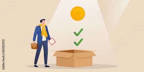 A businessman discovers opportunity emerging from an open box symbolizing potential growth