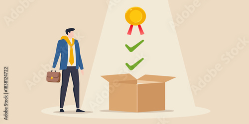 A man looks at a golden award emerging from an open cardboard box