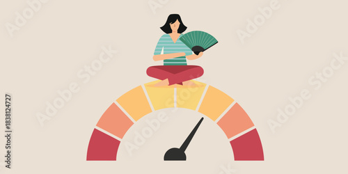 Woman meditating atop a gauge with a hand fan illustrating balance