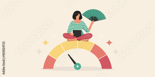 Woman meditating with a fan atop an arched gauge representing balance