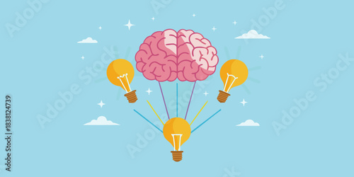 A brain shaped like a hot air balloon with lightbulb gondolas