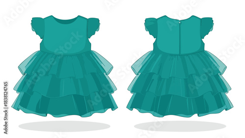 Elegant teal layered dress illustration showcasing front and back views with a refined aesthetic and delicate ruffled sleeves design