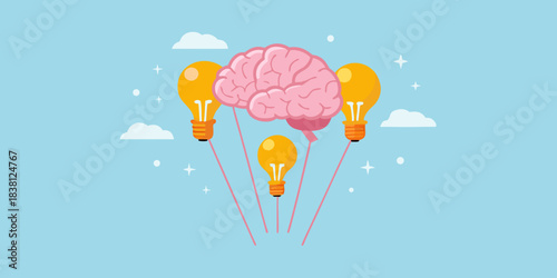 A creative mind brain and lightbulb balloons floating among clouds
