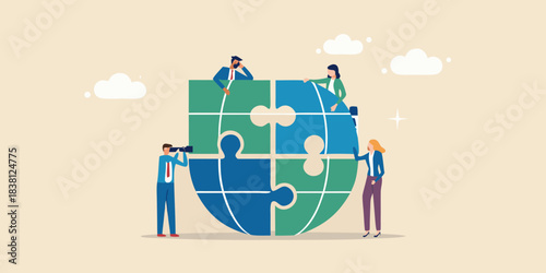 Teamwork connecting the world people building a global puzzle together
