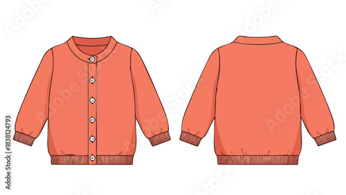 Technical sketch of a soft coral button-down bomber jacket with long sleeves showcasing front and back views for fashion design reference material