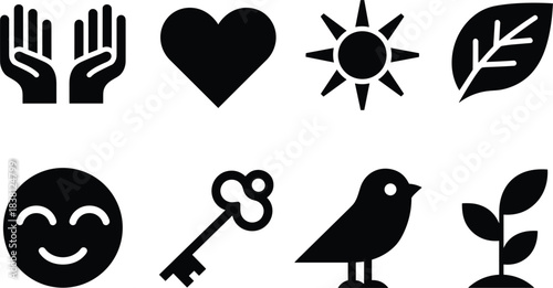 Eight Black Icons for Hands, Heart, Sun, Leaf, Smile, Key, Bird, and Plant Keywords: icon