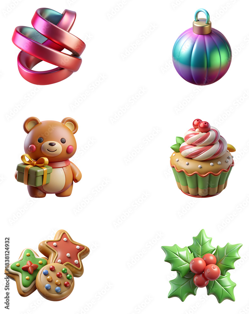 Naklejka premium set of Christmas decorations elements 3d plastic concept in transparent background
