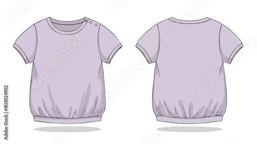 Front and back technical sketch of a simple lilac baby romper with short sleeves showcase on a white background for fashion design representation