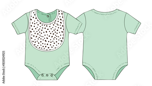 Pastel green baby onesie with a spotted bib showcases playful infant apparel design and manufacture for young children fashion trend