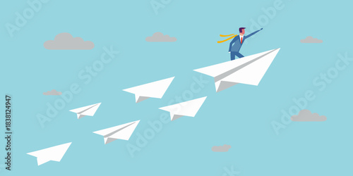 A businessman flies on a paper airplane symbolizing success and ambition