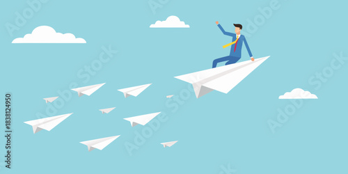 A businessman flies on a paper airplane symbolizing success and innovative thinking