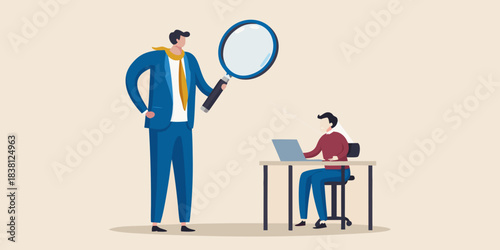 A man examines a colleague s work with a magnifying glass and laptop