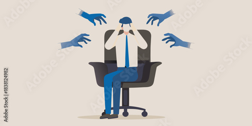 A stressed businessman overwhelmed by multiple hands reaching towards him