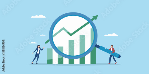Analyzing growth trends business people examining financial data with a magnifying glass