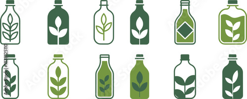 Green Leaf Bottle Icons Set Organic Natural Product Beverage Symbols plant