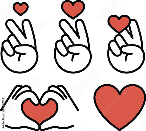 Hand gestures and heart symbols in red and black outline love