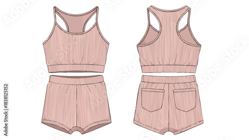 Illustration of a pastel pink two-piece athletic set consisting of a racerback crop top and shorts showcasing front and back views