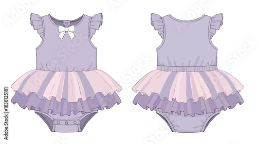 Delicate Lilac Baby Bodysuit with Tutu Skirt Front and Back Views for Apparel Design Presentation