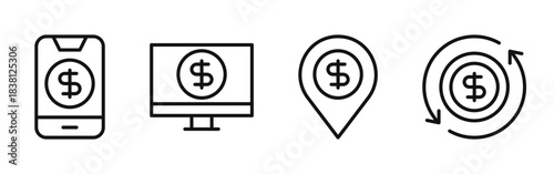 A set of line art dollar currency icons, displayed on a smartphone, desktop monitor, map pin, and with a refresh symbol.
