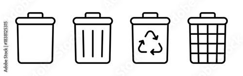 A set of line art trash can icons, including an empty bin, a full bin, a recycle symbol, and a grid pattern.