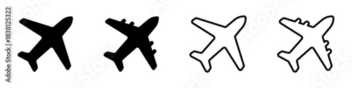 A set of airplane icons, showing both solid black silhouettes and outline versions, symbolizing travel and aviation.