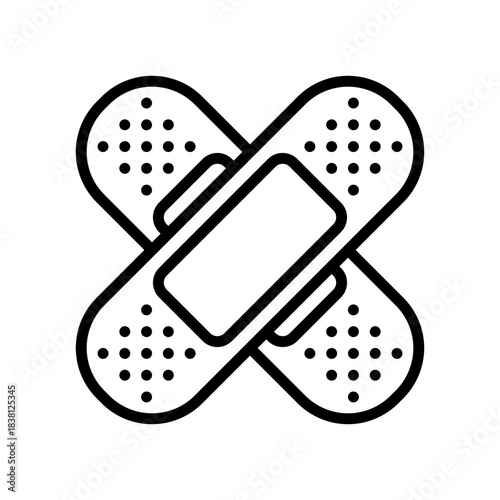 A line art icon of two crossed band-aids, symbolizing first aid, healing, and medical care
