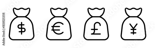 A set of line art money bag icons, each featuring a different currency symbol: dollar, euro, pound, and yen.