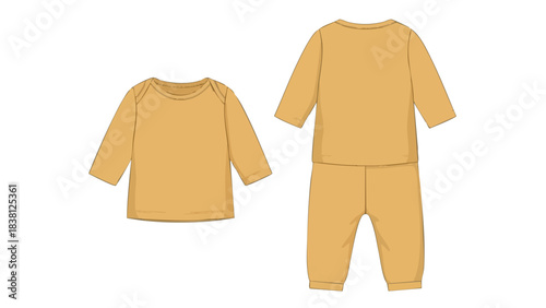 Infant clothing set illustration showing top front and full set back view minimalist and clean design presentation of comfort wear for toddlers