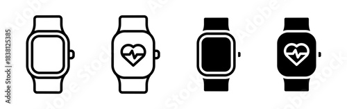 A set of smartwatch icons, showing both line art and solid black versions, some with a heart rate monitor symbol.