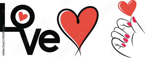 Love Word Art with Heart Symbols and Hand Gesture on White Keywords: love, heart, word, text