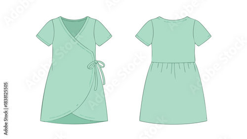 Technical drawing of a light green wrap dress with short sleeves and a tied waist design illustration