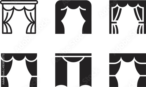 Set of six different curtain icons in black and white drapes stage