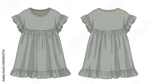 Whimsical Girls' Dress Technical Sketch Illustrating Front and Back Views with Ruffled Sleeves and Gathered Skirt Detailing