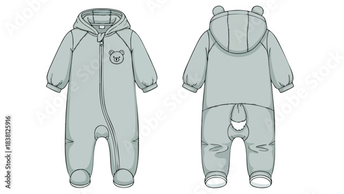 Whimsical baby onesie with bear motif, cozy hooded romper for infants, a delightful design for little ones