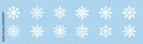 A collection of snowflake icons on a light blue background, perfect for winter and holiday designs.
