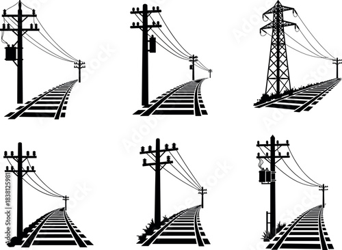 Flavector, railway tracks with utility poles, transmission towers, electrical wires, silhouette infrastructure, power grid layout, transformer setup