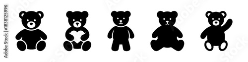 A collection of black teddy bear silhouettes in various poses, suitable for children's designs and toy-related themes.